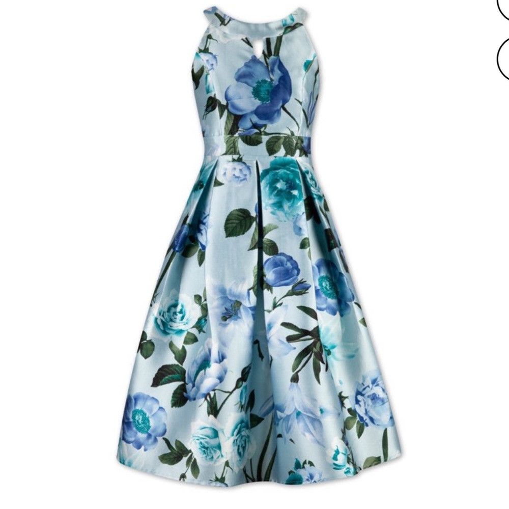 Xtraordinary Sleeveless Halter Lace Detail Open Back Pleated Floral Midi Dress.